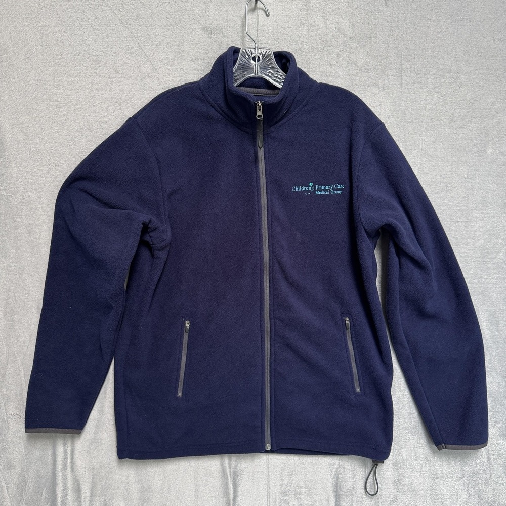 Queensboro Jacket Mens Small Navy Blue Fleece Full Zip Logo Pockets Stand Collar
